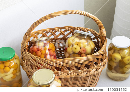 Canned compote in jars of various fruits and berries in the wicker basket 130031562