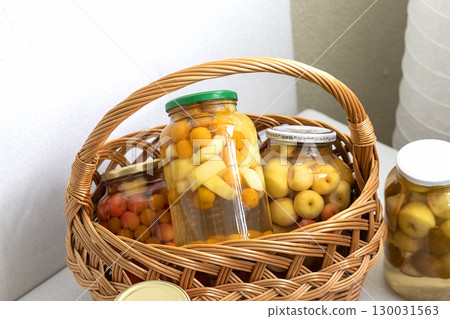 Canned compote in jars of various fruits and berries in the wicker basket 130031563