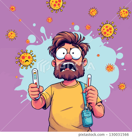 Vsai man holding thermometers is scared by viruses floating around him Vsai man holding thermometers is scared by viruses floating around him 130031566