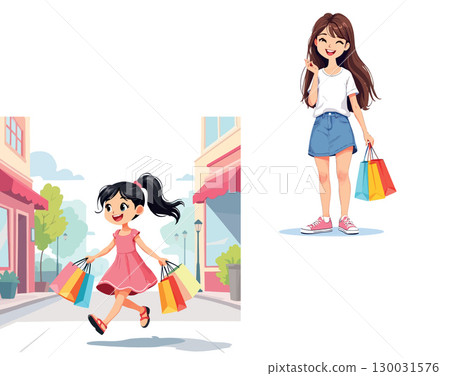 Vsai happy girls shopping, running and holding bags in a cartoon city 130031576