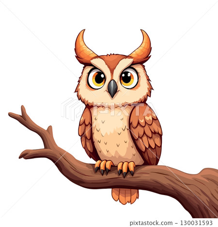 Vsai cartoon great horned owl perching on a bare tree branch Vsai cartoon great horned owl perching on a bare tree branch 130031593