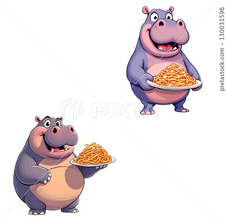 Vsai two happy hippos holding plates of delicious spaghetti Vsai two happy hippos holding plates of delicious spaghetti 130031596
