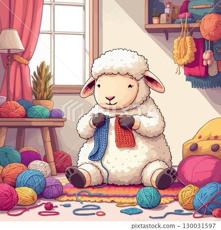 Vsai cute sheep knitting with colorful yarn in cozy room Vsai cute sheep knitting with colorful yarn in cozy room 130031597