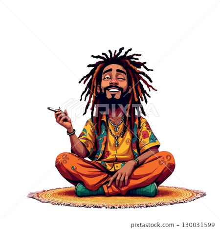 Vsai rastafarian man smiling and holding a joint while sitting cross legged 130031599