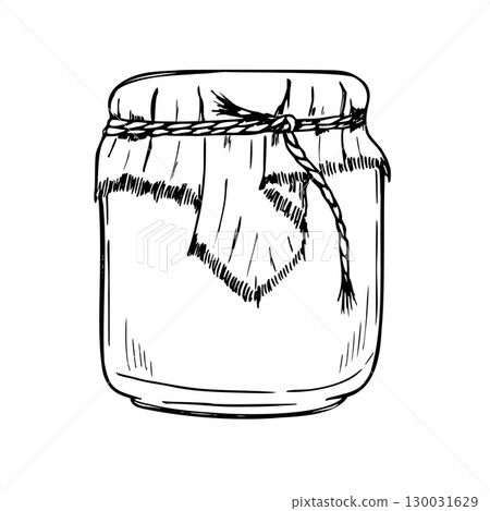 Glass jar with jam, honey or preserves outline vector isolated illustration. Etching drawing of home made conservation in vintage style. Hand drawn natural products in glass covered with craft textile Glass jar with jam, honey or preserves outline vector isolated illustration. Etching drawing of home made conservation in vintage style. Hand drawn natural products in glass covered with craft textile 130031629