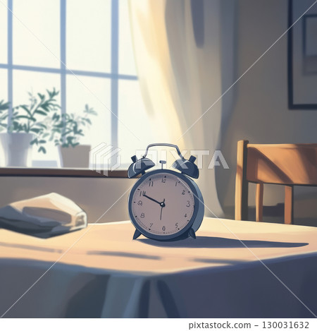 Vintage alarm clock on a table near a window with soft sunlight  130031632