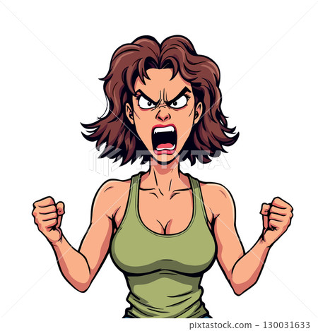 Vsai angry woman shouting and showing fists in a cartoon style illustration Vsai angry woman shouting and showing fists in a cartoon style illustration 130031633