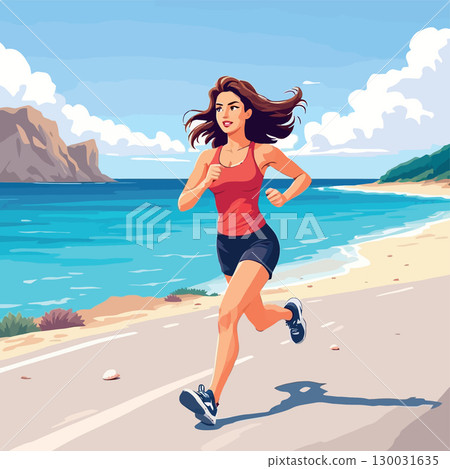 Vsai young woman running on the beach on a sunny day 130031635