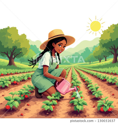 Vsai young farmer woman watering plants in a field on a sunny day Vsai young farmer woman watering plants in a field on a sunny day 130031637