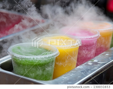 Colorful frozen drinks in cups with steam rising, showcasing vibrant flavors 130031653