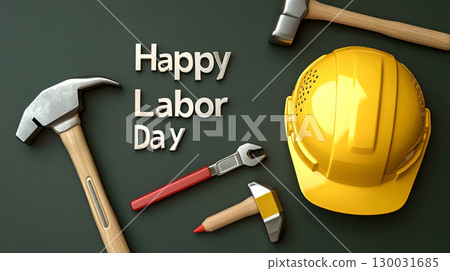 Labor Day celebration with tools and hard hat show appreciation for workers 130031685