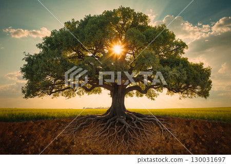The Tree of Life. A majestic oak tree with its strong root system visible in a cross-section of the earth. The sun shines brightly through the branches. 130031697