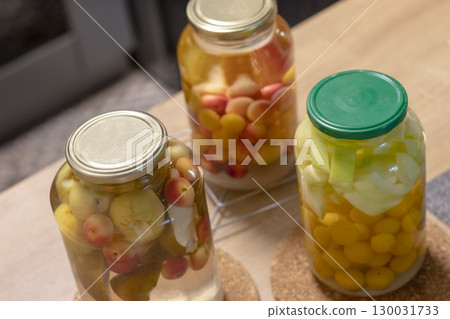 Canned compote in jars of various fruits and berries. Food 130031733