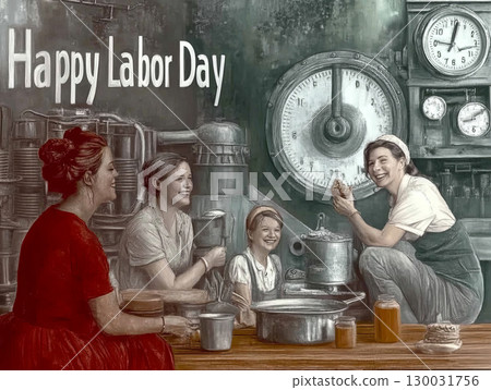 Labor Day celebration with women cooking together, showcasing teamwork and joy  130031756