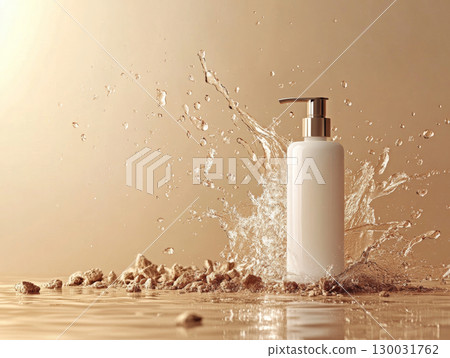 lotion bottle splashing water on a sandy surface with a golden background 130031762