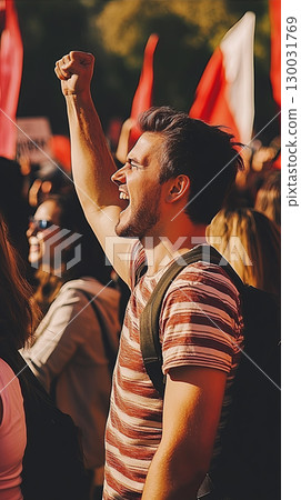 Young man passionately raising fist during vibrant protest rally  130031769