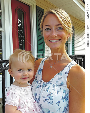 Smiling woman holding baby girl outdoors near house and love in family moments 130031777