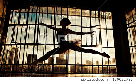 Ballerina performing an elegant leap against a backdrop of large windows Ballerina performing an elegant leap against a backdrop of large windows 130031785