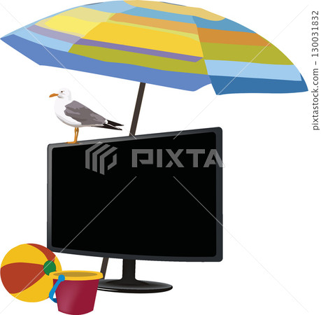 Seagull standing on a monitor under beach umbrella, summer vacation concept Seagull standing on a monitor under beach umbrella, summer vacation concept 130031832