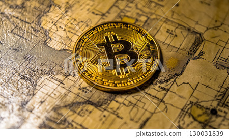 Bitcoin coin on vintage map background representing cryptocurrency investment  Bitcoin coin on vintage map background representing cryptocurrency investment  130031839