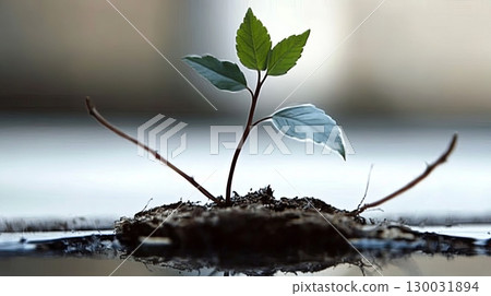 Small green plant emerging from soil in urban environment  130031894