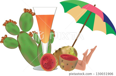 Prickly pear juice, fresh fruit and beach umbrella evoke summer vacations Prickly pear juice, fresh fruit and beach umbrella evoke summer vacations 130031906