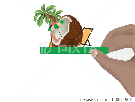 Hand holding tropical paradise inside coconut shell, relaxing vacation concept Hand holding tropical paradise inside coconut shell, relaxing vacation concept 130031907