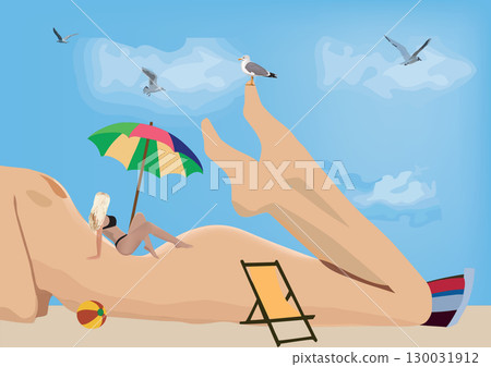 Woman sunbathing on giant legs at the beach with seagulls flying 130031912
