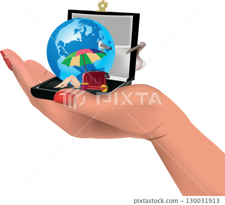Woman holding small earth globe with miniature beach vacation scene inside open compact mirror 130031913
