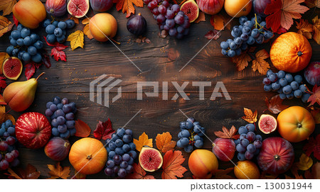 Autumn fruits and wooden table background 130031944
