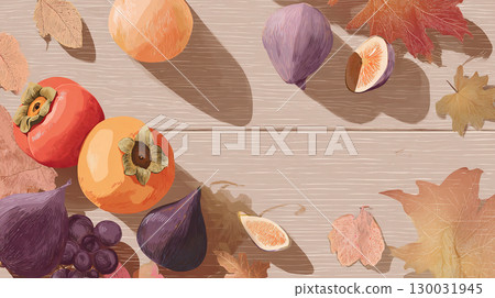 Persimmon and fig flat lay with autumn leaves 130031945