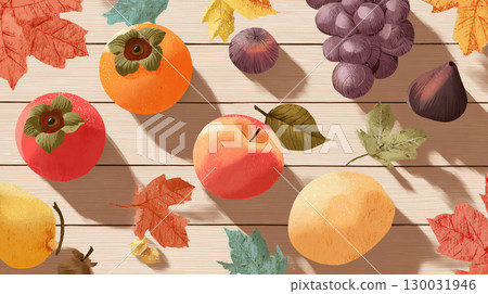 Flat lay of autumn fruits and fallen leaves 130031946