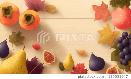 Flat lay of autumn fruits and fallen leaves 130031947