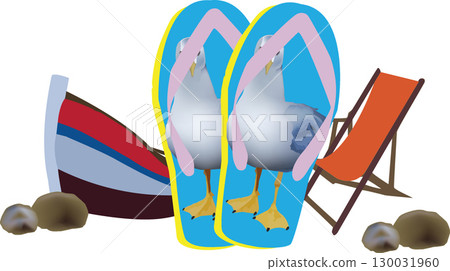 Seagulls standing on flip flops with boat and deckchair on beach 130031960