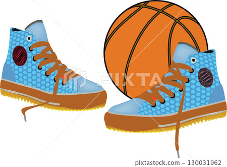Pair of blue and brown basketball shoes near a ball 130031962