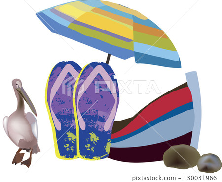 Pelican observing beach umbrella, flip flops, and boat on a tropical beach Pelican observing beach umbrella, flip flops, and boat on a tropical beach 130031966