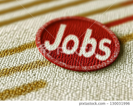 Jobs badge on textured fabric background representing employment opportunities 130031996