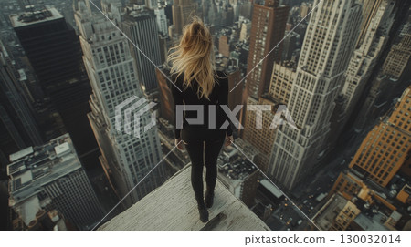Woman standing on rooftop edge overlooking city skyline 130032014