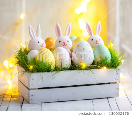 Colorful Easter eggs and bunny decorations in a wooden crate with green grass  130032176