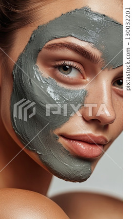 Woman applying a green clay mask on her face, showcasing skincare routine  130032201