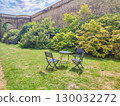Cozy outdoor seating area with two chairs and a table surrounded by lush greenery and vibrant foliage in a tranquil garden setting 130032272