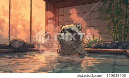 浣熊進入溫泉 130032308