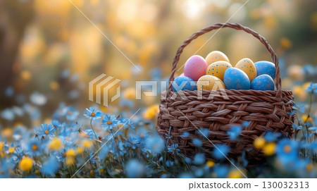 Colorful Easter eggs in a woven basket surrounded by blooming flowers  130032313