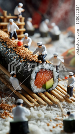 Sushi preparation scene with miniature chefs crafting a large sushi roll Sushi preparation scene with miniature chefs crafting a large sushi roll 130032334