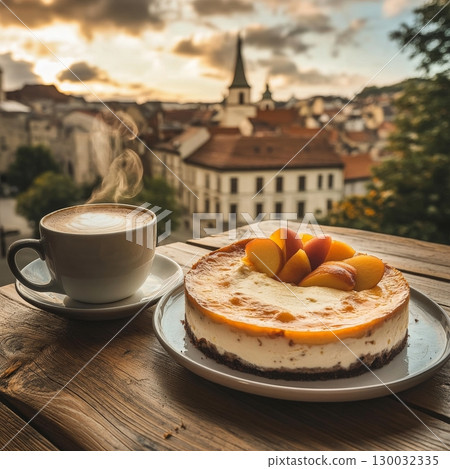 Delicious cheesecake topped with fresh peaches served with coffee  130032335