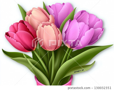 Colorful tulips in vibrant arrangement showcasing pink, red, and purple flowers 130032351