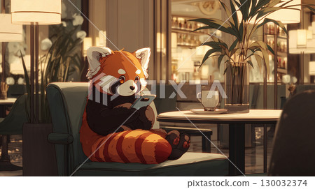 Red panda operating a smartphone in a cafe 130032374
