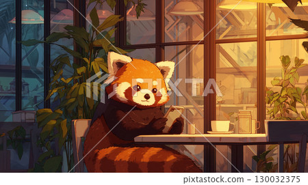 Red panda operating a smartphone in a cafe 130032375