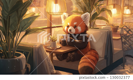 Red panda operating a smartphone in a cafe 130032377