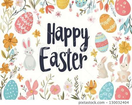 Happy Easter Floral Illustration With Bunnies And Eggs 130032404